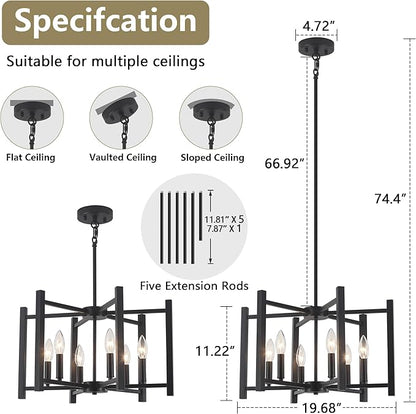 19.7'' Black Chandeliers 6-Light Modern Geometric Dining Room Chandelier Farmhouse Industrial Metal Pendant Light Fixture for Kitchen Living Room Entryway Foyer Hallway Bedroom