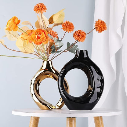 Black Gold Ceramic Vase Set of 2 for Modern Home Decor,Round Boho Vase for Pampas Grass,Neutral Minimalist Vase for Dining Room Table Centerpiece Dining Room,Wedding Table Decoration