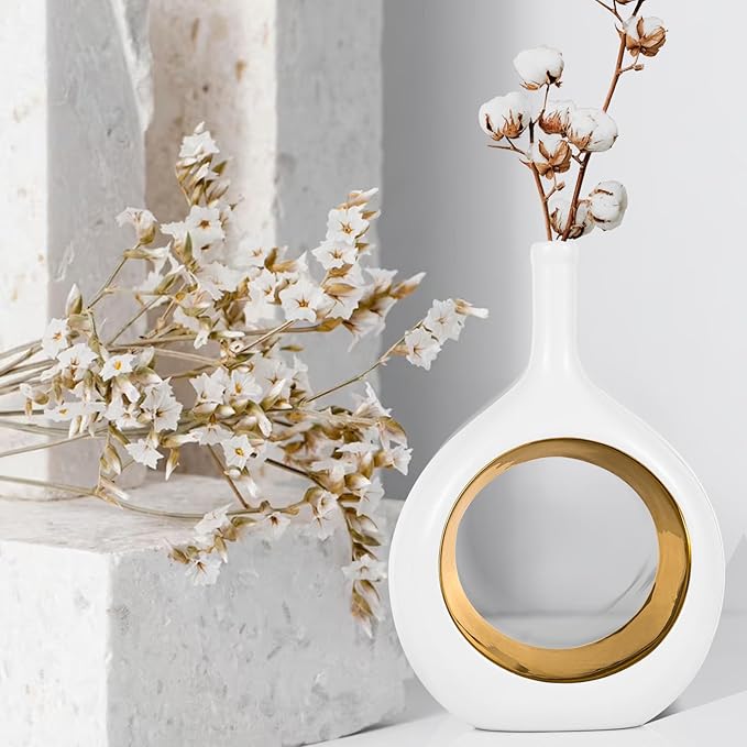 White Gold Ceramic Vase Set 2,Modern Hollow Circle with Hole Flower Vase for Home Decor,for Table Centerpieces,Farmhouse,Fire Place,Living Room,Bedroom,Office,Bookshelf,Rustic Decor