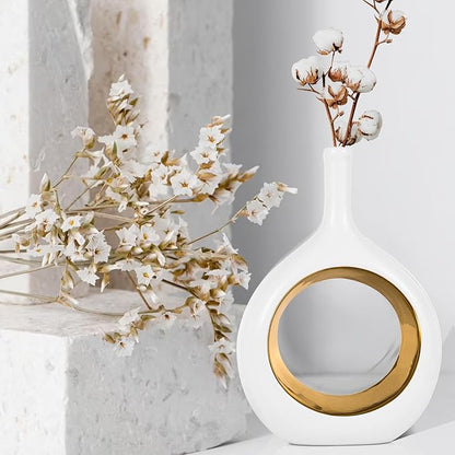 White Gold Ceramic Vase Set 2,Modern Hollow Circle with Hole Flower Vase for Home Decor,for Table Centerpieces,Farmhouse,Fire Place,Living Room,Bedroom,Office,Bookshelf,Rustic Decor