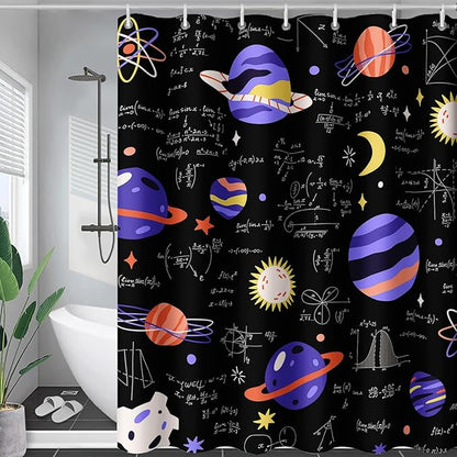 AILONEN Solar System Shower Curtain,Math Galaxy Purple Planet Bath Curtain for Bathroom Decor,Cartoon Planet Polyester Waterproof with 12 Plastic Hooks 48" W*72" H