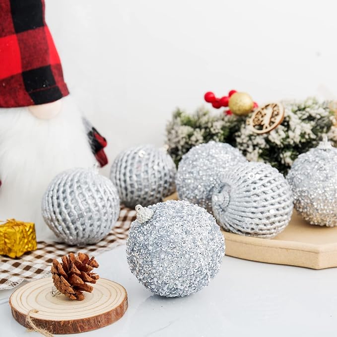 3.15" Christmas Ball Ornaments Glitter Shatterproof Christmas Tree Ornaments Sequin Xmas Hanging Balls Decorations for Wedding Party Holiday(Silver, 12pc-8cm)