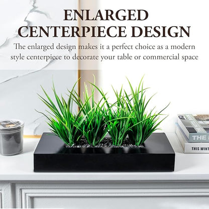 MyGift Large Artificial Green Grass Plants Potted in 14-Inch Matte Black Wood Decorative Planter, Tabletop Faux Greenery in Wooden Rectangular Pot Centerpiece Décor