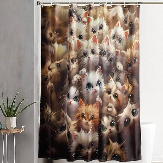 AILONEN Kawaii Cat Shower Curtain for Kids Boys,Lovely Hairy Cat Fabric Shower Curtains for Bathroom,Cute Animal Kittens Polyester Cloth Bath Curtain Set, 48" W*72" H
