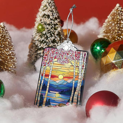 Sunset Landscape Stained Glass 2025 Christmas Ornament, Nature Scene Hanging Decoration for Christmas Tree, Gift Exchange or Stocking Stuffer, 3.8 x 2.4 Inch