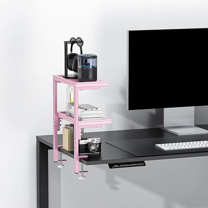 2-Tier Desk Shelf, Expandable Under Desk Storage, Clamp on Desk Shelf, Desktop Accessories for Offices, Study Rooms, and Game Rooms (Pink)