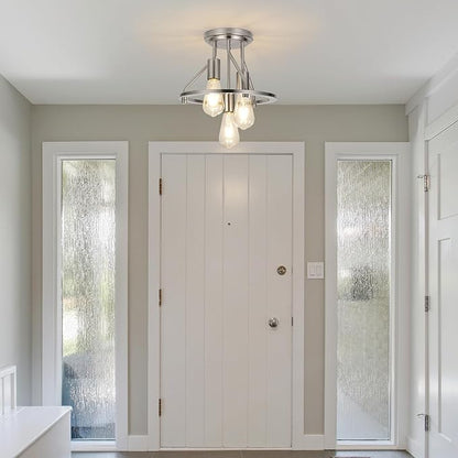 WILON Brushed Nickel Semi Flush Mount Ceiling Light - 3-Light Ceiling Light Fixtures Farmhouse Kitchen Light Industrial Hallway Light Fixtures E26 Socket Ceiling Lamp for Hallway Kitchen Foyer