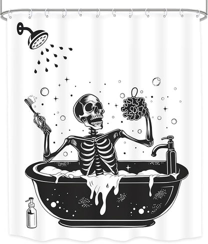 LGhtyro Funny Skull Halloween Shower Curtain Bathroom Set 60Wx71H Inches Black White Gothic Skeleton Bathing in Bathtub Spooky Cool Bath Accessories for Men Boys Art Home Decor Fabric 12 Pack Hooks