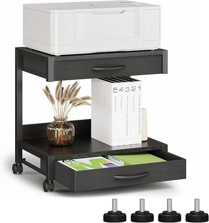 2-Tier Desktop Printer Stand with 2 Fabric Drawers, Prtiner Table with Storage Shelf, Desk Organizer for Home Office,3D Printer,Fax Machine,Scanner (Black, 2 Tier)