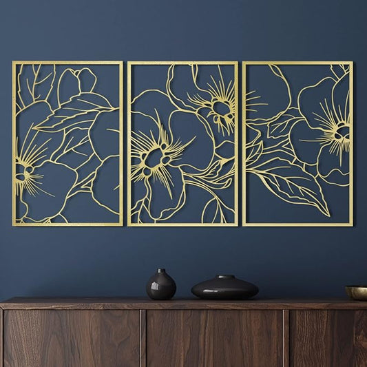 Vivegate Gold Minimalist Floral Single Line Metal Wall Art Decor - 18"X12" 3 Packs Gold Floral Abstract Minimalist Lines Wall signs for Hanging home wall decor
