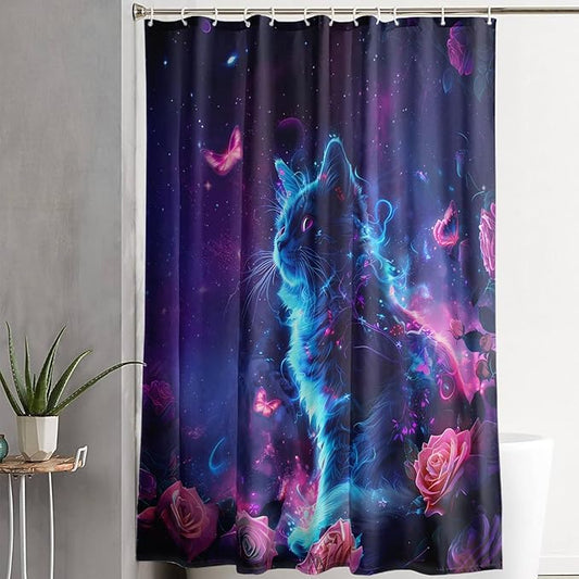 AILONEN 3D Rose Cat Shower Curtain Set, Beautiful Kitten with Butterfly Shower Curtain Liner for Kids Boys Girls,Boho Galaxy Shower Curtain for Bathroom,72" W*78" H