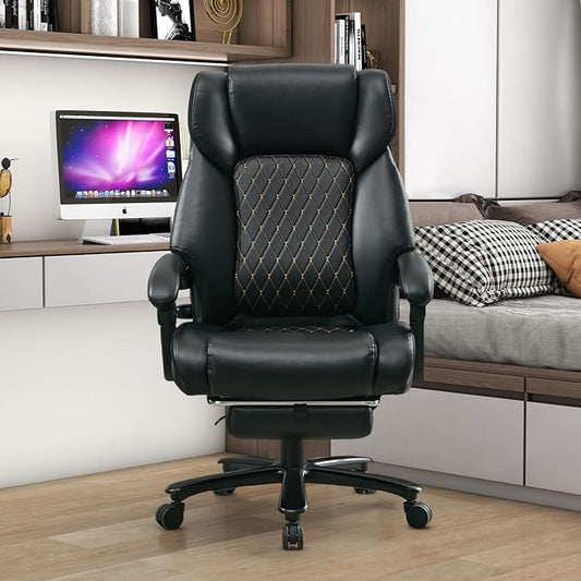 Executive Office Chair with Footrest, Reclining Desk Chairs Home Room, Bedroom, Leather Computer Gaming Chair Big and Tall, Padded Armrest & Headrest, Ergo Lumbar Support Recliner with Wheels, Black