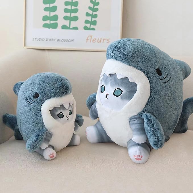 Kawaii Shark Cat Plush Toy Stuffed Animal Doll, Cute Soft Pillow Stress Release Hugs Toys Christmas Halloween Birthday Gifts for Kids Boys Girl Best Gift (Blue - Grey,9 inch)