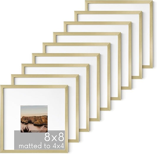HAUS AND HUES 8x8 Gold Metal Picture Frames Matted to 4x4 - Features Premium Aluminum & Hanging Hardware, Shatterproof Plexiglass - Ideal for Home, Room, Office (8x8 in, Gold, Set of 9)