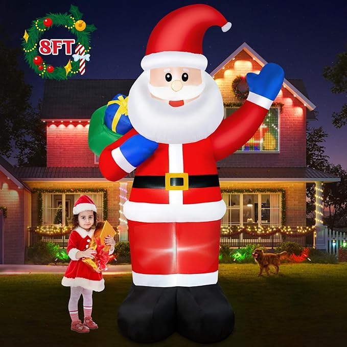 B&D 8FT Christmas Inflatables Santa Claus Outdoor Decorations, Christmas Blow Up Santa Yard Decorations Built-in LED Lights Inflatable Christmas Decorations for Holiday Xmas Party Garden Patio Lawn