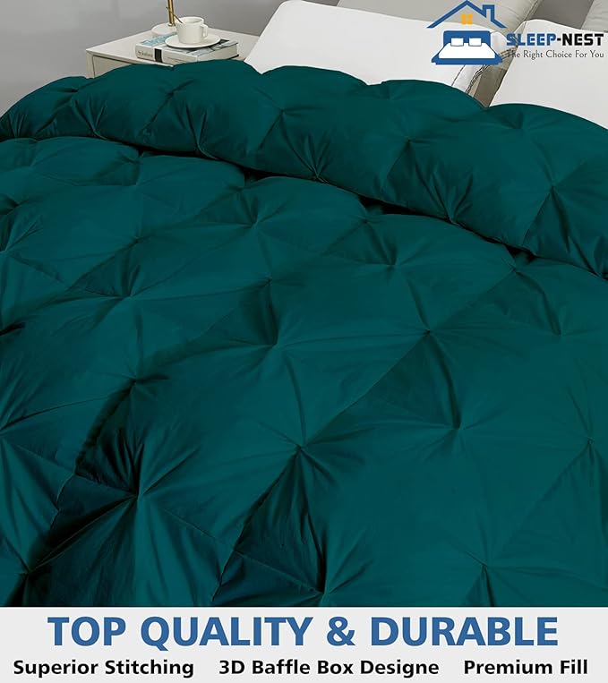 SLEEP-NEST All Season Luxury - Grand King Comforter 106 x 106 Breathable Bedding 1 Piece Down Alternative Pinch Pleat Comforter with 8 Corner Tabs - Ultra Soft, Lightweight Quilt - Teal Green