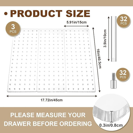 Kigley 3 Pcs Acrylic Pegboard Drawer Organizer with 32 Pegs - 16 x 5.91 in Clear Peg Board System - Drawer Organizers for Dishes, Food Containers, Cookware, Utensils - Kitchen