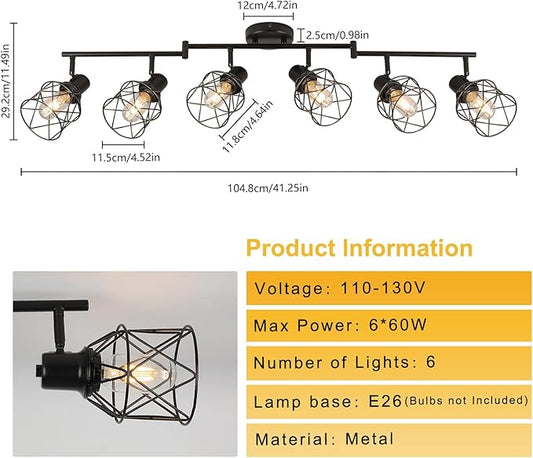WILON Track Lighting Kit 6 Way Ceiling Spotlight-Industrial Flush Mount Ceiling Light Black Kitchen Ceiling Light Fixtures Kitchen Track Lighting Flexibly Rotatable Light Head E26 Base