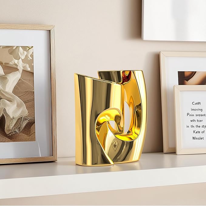 Ceramic Vases Set of 2 - Modern Vase for Nordic Minimalist Book Style Shelf Decor, Hollow Round Pampas Flower Vases for Boho Home Wedding Party Room Dinner Table Shelf Decor (Gold)