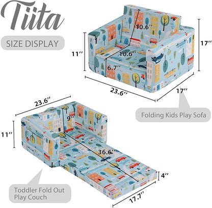 Tiita Kids Couch Fold Out, Toddler Sofa Bed Chairs, 2-in-1 Kids Couch Plush Chair, Folding Children Sofas to Lounger, Toddler Comfy Armrest Chair Bed Sofa for Girl or Boy, Car