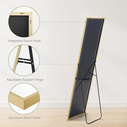 Sweetcrispy 59"x16" Full Length Mirror, Standing or Leaning Full Body Mirror with Aluminum Alloy Thin Frame, Suitable for Bedroom or Cloakroom,Gold