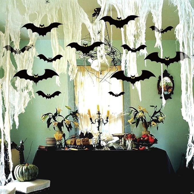 18 PCS Hanging Bats Halloween Decoration Outdoor Black Plastic Bats with Glowing Eyes Different Size Flying Bats Halloween Decor Hanging in The Tree, Porch, Yard, Lawn, Indoor