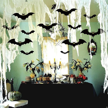 18 PCS Hanging Bats Halloween Decoration Outdoor Black Plastic Bats with Glowing Eyes Different Size Flying Bats Halloween Decor Hanging in The Tree, Porch, Yard, Lawn, Indoor