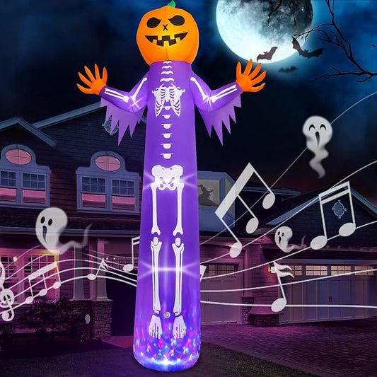 12FT Halloween Inflatable with Scary Music and Build-in LEDs, Giant Pumpkin Halloween Outdoor Decoration, Blow Up Pumpkin Skeleton Decoration for Home Family Party Holiday Yard Lawn Garden