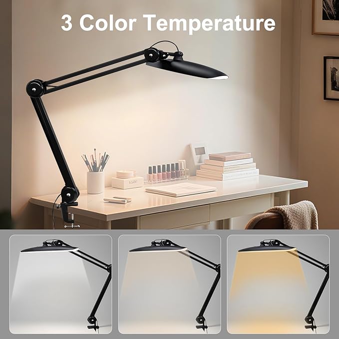 20" LED Desk Lamp with Clamp, 24W CCT Adjustable Dimmable Nail Light for Desk, 120 LEDs Metal Swivel Arm Daylight for for Nail Tech Task Home Office Reading Architect Craft, Black