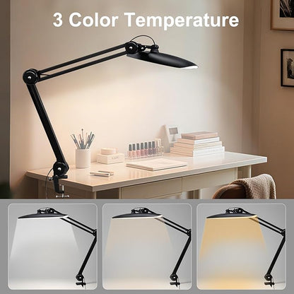 20" LED Desk Lamp with Clamp, 24W CCT Adjustable Dimmable Nail Light for Desk, 120 LEDs Metal Swivel Arm Daylight for for Nail Tech Task Home Office Reading Architect Craft, Black