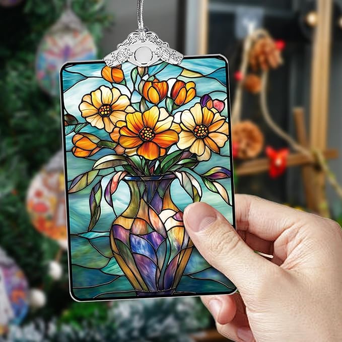Bouquet in Vase Stained Glass Ornament, 2025 Christmas Tree Hanging Decoration, Ideal Gift or Stocking Stuffer, 3.8 x 2.4 Inch