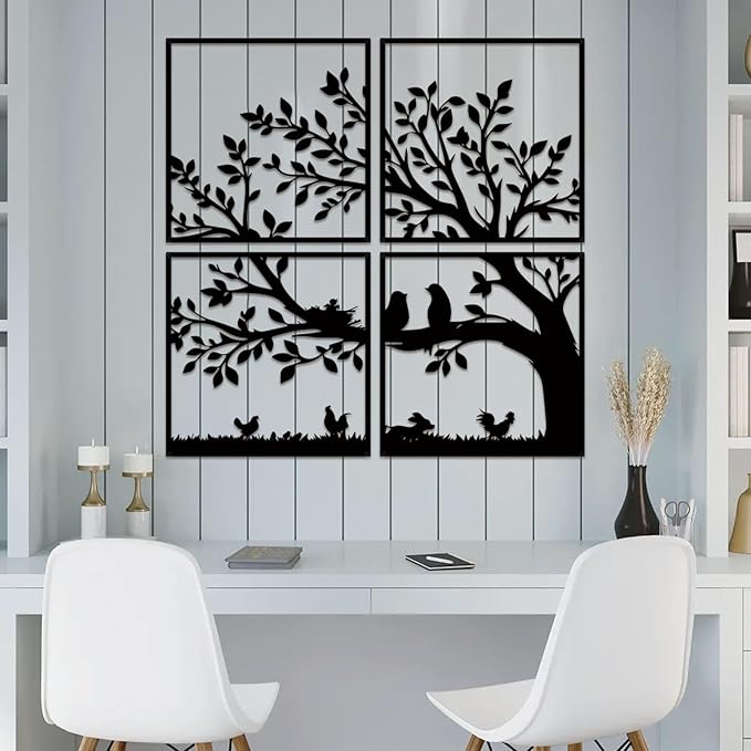 ruelen Wall Decor 4 Pieces Metal Birds and Branch Wall Art, Tree of Life Metal Wall Art, Black Leaves with Birds Silhouette Hanging Wall Sculpture For Indoor Home Bedroom Living Room Office Outdoor