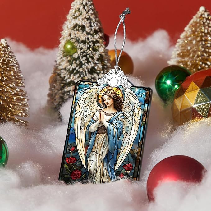 Angel Stained Glass Ornament, 2025 Christmas Tree Hanging Decoration for Religious Holiday Decor or Gift Exchange, 3.8 x 2.4 Inch