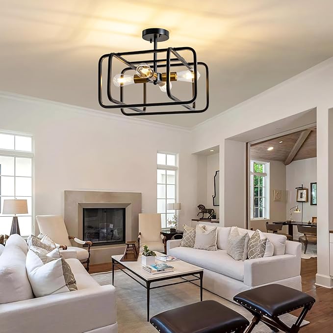 KSRYSZCQ 4 Light Semi Flush Mount Ceiling Light 20" Black Ceiling Light Fixture E26 Metal Farmhouse Kitchen Light Fixture for Dining Room Hallway Entryway Bedroom Living Room.