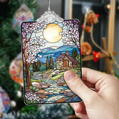 Cottage Landscape Stained Glass Ornament, 2025 Christmas Tree Hanging Decoration for Gift Exchange or Stocking Stuffer, Holiday Decor, 3.8 x 2.4 Inch
