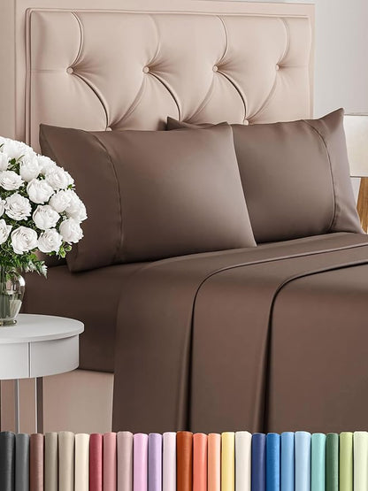CGK Linens Twin XL 4 Piece Sheet Set - Cooling Sheets for Hot Sleepers - Hotel Luxury Bedding Set with 8-16 Inch Deep Pockets - 1 Flat & 1 Fitted & 2 Pillowcases - Soft, Comfy & Wrinkle Free - Brown