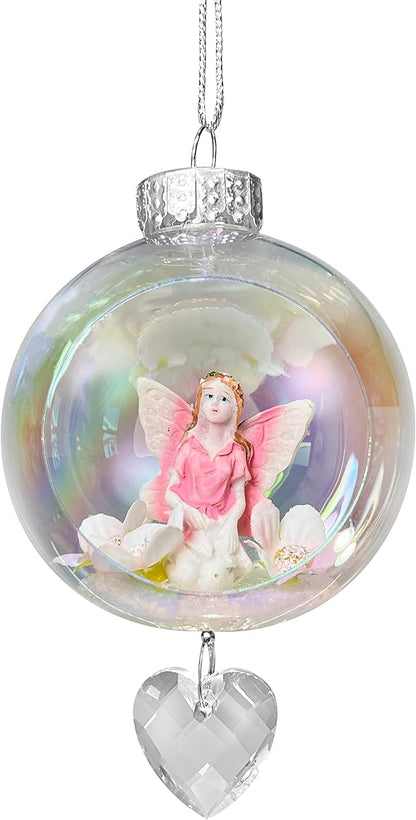 Pink Fairy Christmas Ornament - Handmade Shatterproof Decorations for Indoor Outdoor Xmas Tree - Clear Ball Ornaments with Magnetic Crystal - Great Gift or Stocking Stuffer for Mom, Sister, Friend