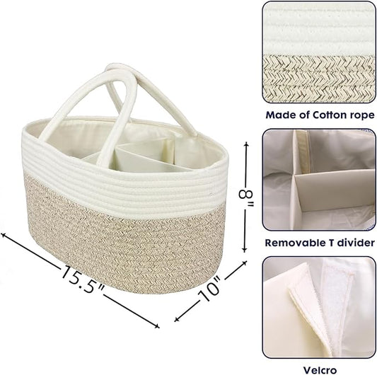Large Baby Diaper Caddy Organizer for Girl Boy Rope Nursery Storage Bin Basket Portable Holder Tote Bag for Changing Table Car Travel Baby Shower Gifts Newborn Registry Must Haves White and Brown
