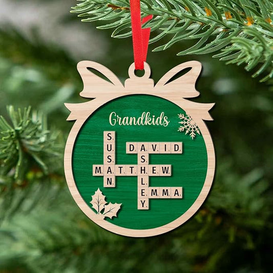 Personalized Wooden Crossword Art, Custom Grandkids Ornament, Custom Christmas Tree Ornament