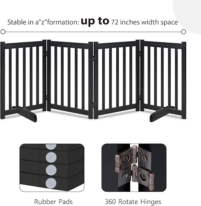 LZRS Solid Hardwood Freestanding Pet Gate, Wooden Dog Gates for Doorways & Stairs, Black, 30" Height-4 Panels