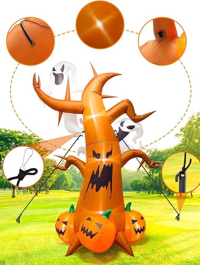 8 Feet Halloween Inflatable Dead Tree with Ghost Pumpkins Kalolary Blow up LED Light Dead Tree for Halloween Outdoor Indoor Holiday Decorations Yard Lawn Decor for Home Family Halloween Party