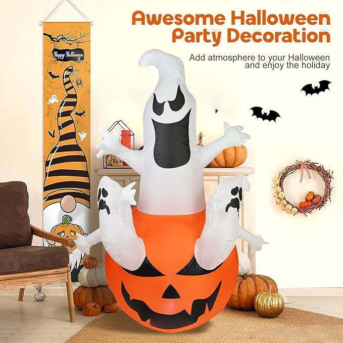 Dearsun 6FT H Halloween Inflatable Pumpkin Ghosts with Build-in LED Lights, Blow up Halloween Inflatable for Indoor Outdoor Party Garden Lawn Holiday Decor (Three Ghosts with Pumpkin)