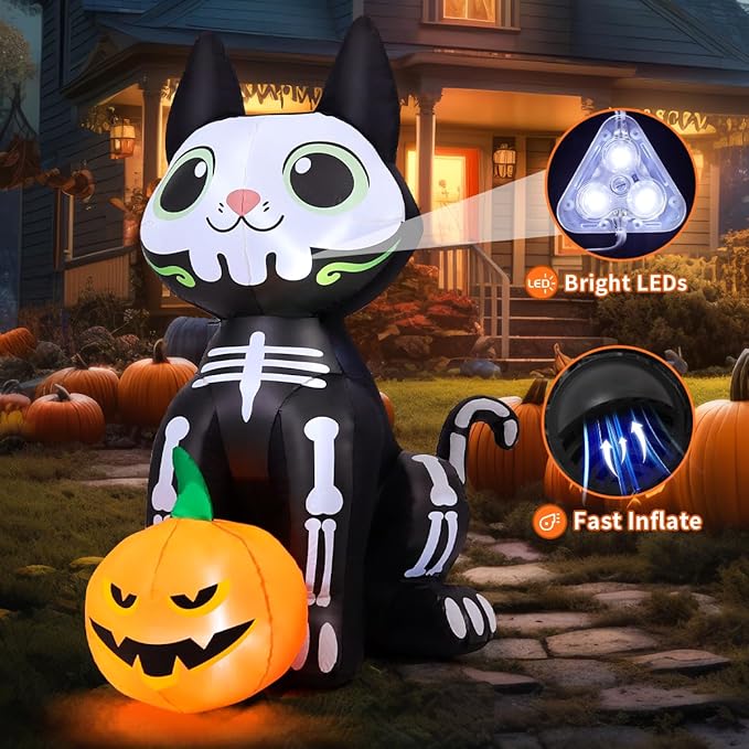 GOOSH 5 FT Halloween Inflatables Skeleton Cat Outdoor Decorations Blow Up Yard Cute Black Cat with Pumpkin Built-in LEDs for Garden Lawn Indoor Party Decor