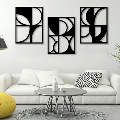 CHATYOUNG Metal Abstract Black Wall Art, 3 Piece Modern Minimalist Wall Sculptures Geometric Black and White Artwork for Living Room Bedroom Kitchen Home Office Decor 36L x 16W