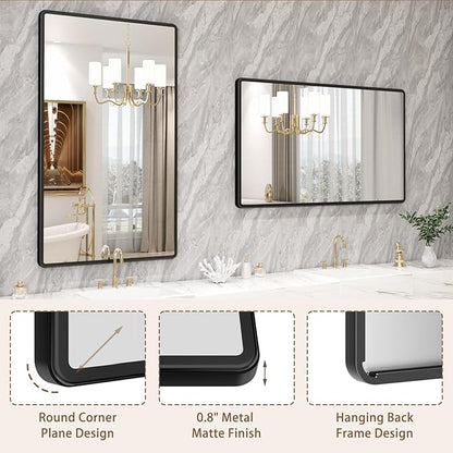 New Upgrade 50X30 Inch Wall Mounted Bathroom Mirror, Black Metal Frame Rounded Rectangle Mirror, Bathroom Vanity Mirror with Tempered Glass for Washroom Bedroom Living Room