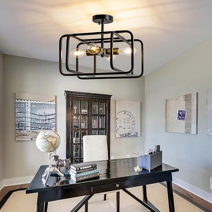 KSRYSZCQ 4 Light Semi Flush Mount Ceiling Light 20" Black Ceiling Light Fixture E26 Metal Farmhouse Kitchen Light Fixture for Dining Room Hallway Entryway Bedroom Living Room.