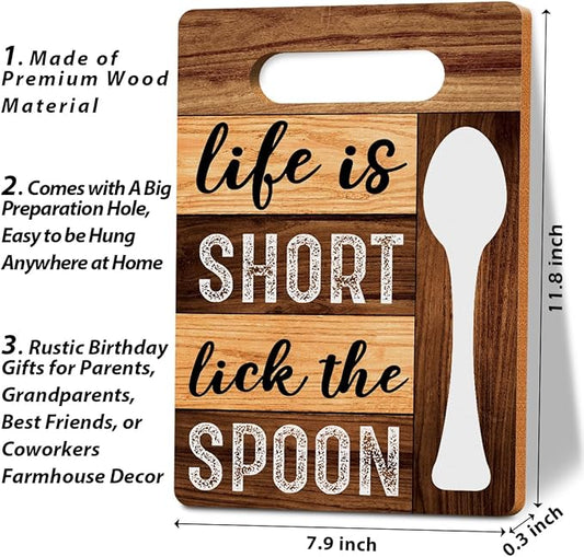 Life Is Short Lick the Spoon Cutting Board Gifts, Wood Cutting Boards for Kitchen, House Warming Gifts New Home, Kitchen Wall Art, Christmas Birthday Gifts for Women Mom Grandma 8 x 12 Inch