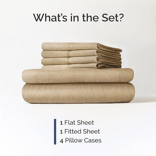 CGK Linens Full 6 Piece Sheet Set - Cooling Sheets for Hot Sleepers - Hotel Luxury Bedding Set with 8-16 Inch Deep Pockets - 1 Flat & 1 Fitted & 4 Pillowcases - Soft and Wrinkle Free - Heathered Tan