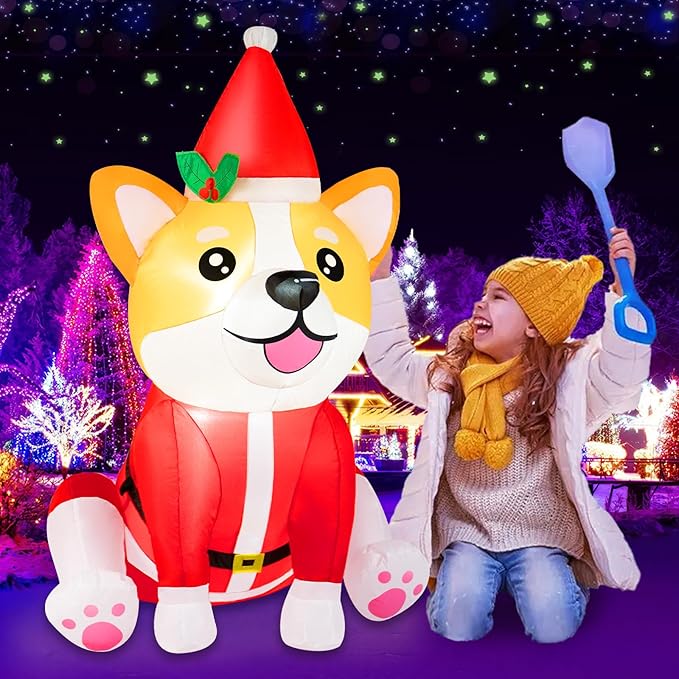 B&D 4FT Christmas Inflatables Dog Outdoor Decorations, Christmas Blow Up Corgi Dog with Built-in LED Lights Inflatable Xmas Decorations for Gifts Party Indoor Outdoor Yard Lawn Garden Decor