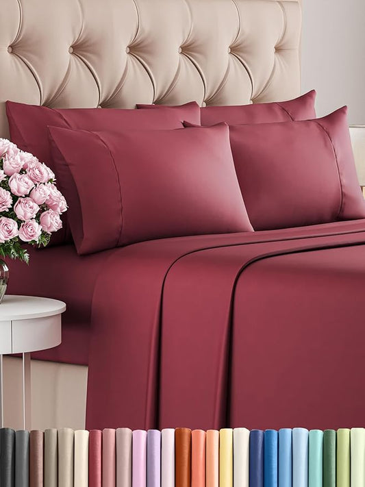 CGK Linens King 6 Piece Sheet Set - Cooling Sheets for Hot Sleepers - Hotel Luxury Bedding Set w/ 8-16 Inch Deep Pockets - 1 Flat & 1 Fitted & 4 Pillowcases - Soft, Comfy and Wrinkle Free - Burgundy